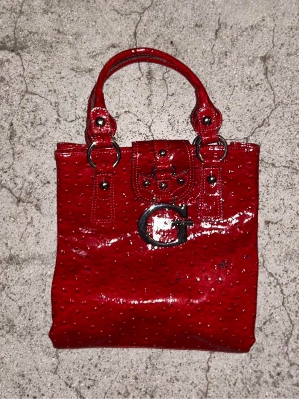 Vintage Guess Animal Red Patent Tote Bag with Big G Accent